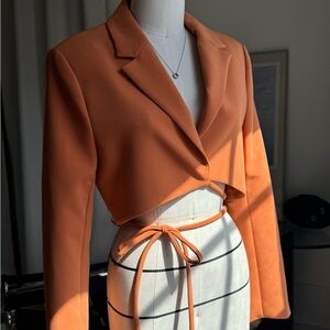 Zara Orange Women's Cropped Blazer With Tie Detail